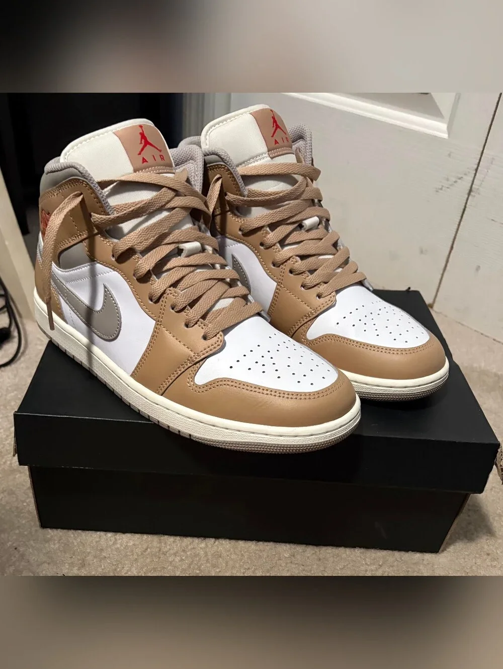 Nike Air Jordan 1 Mid - White & Tan with Gray Swoosh